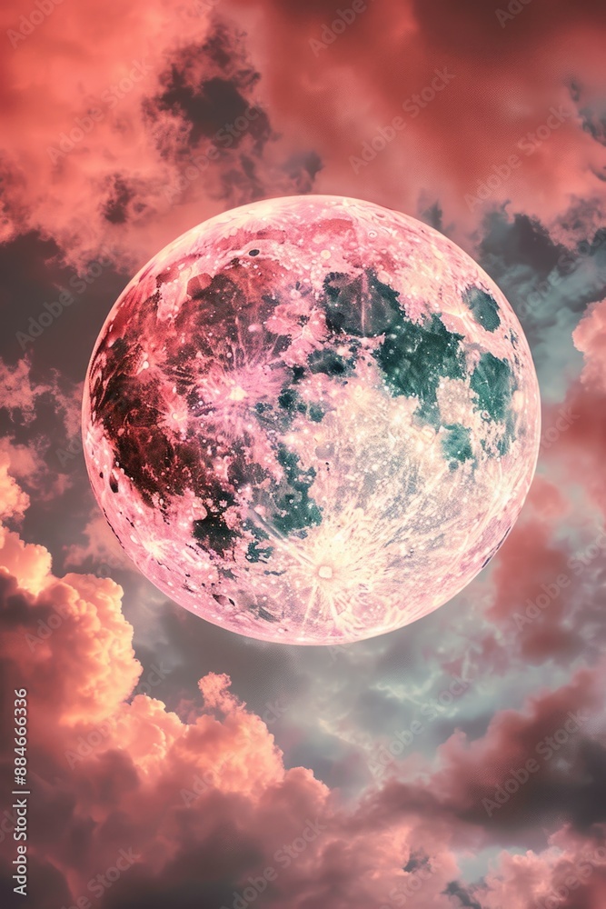 Poster a bright pink full moon shining through a layer of clouds in the night sky