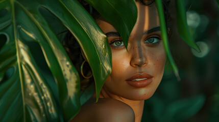 A serene portrait of a woman with a large green leaf partially hiding her face, presenting a thoughtful expression, medium close-up shot