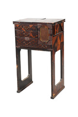 old wooden chair isolated on white background Empty wooden table isolated on white background, of free space for your copy and branding. Use as products display montage. Vintage style concept.