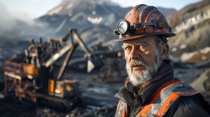Fototapeta premium A miner is geared up in protective clothing, including a hard hat and safety goggles, working amidst heavy machinery at a mining site, showcasing perseverance.