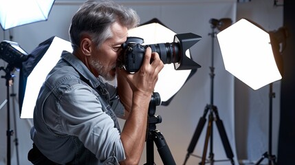 A professional photographer is seen setting up his camera in a well-equipped studio, surrounded by several softbox lights, tripods, and other photography equipment.