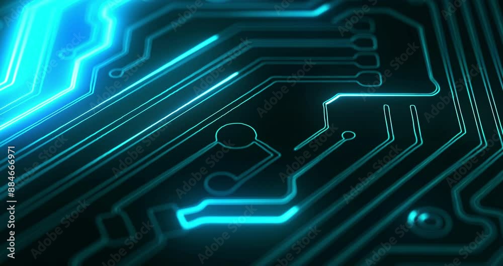 Poster Circuit board, digital and future technology on motherboard for data flow on semiconductor. Network, neon electronics or cpu for machine learning on hardware for cloud computing on background closeup