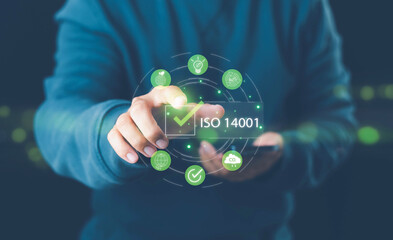 ISO 14001 concept. ISO standards quality control 14001 certified for environmental management systems (EMS). Identify, control and reduce the environmental impact of activities. Modern ISO banner.