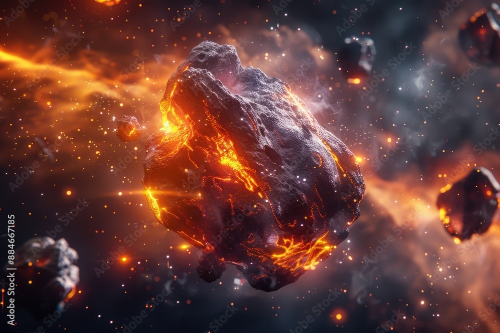 Poster image of a massive rocky asteroid floating in space