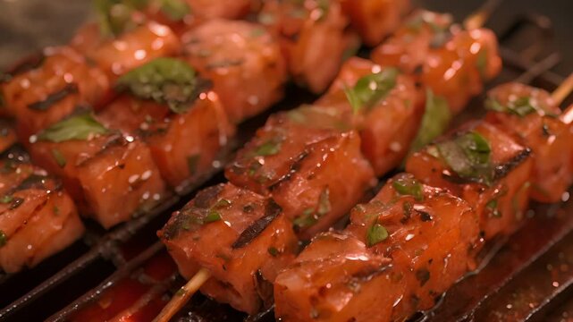 Grilled watermelon skewers lightly basted with a y sweet glaze.