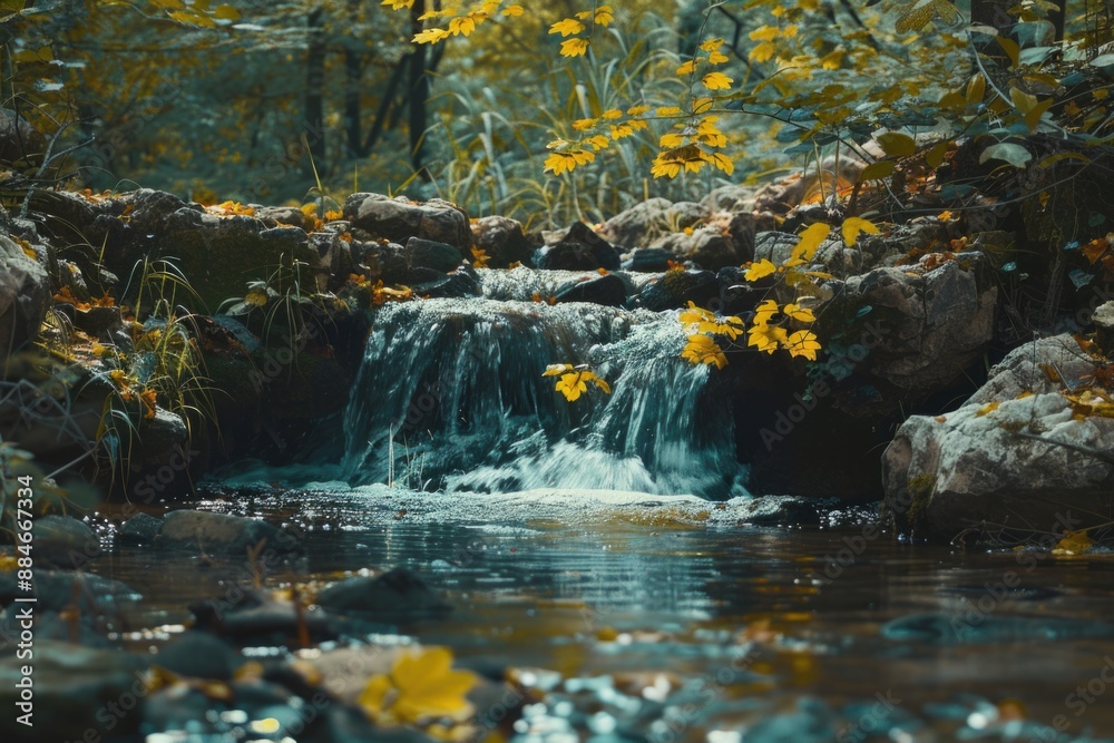 Poster a serene and peaceful scene of a small stream flowing through a lush green forest