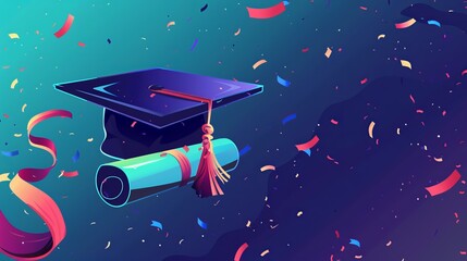 An illustration of a graduation cap and rolled diploma encircled by a ribbon and celebratory elements, representing the joy and pride brought by educational accomplishment.