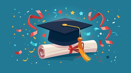 A vibrant illustration featuring a graduation cap with a tassel and a rolled diploma, adorned with celebratory ribbons and confetti, embodying the joy of academic achievement.