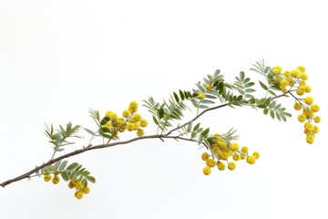 A bright and cheerful still life image of a branch with yellow flowers set against a clean white background, perfect for use in designs related to spring, sunshine, or floral arrangements