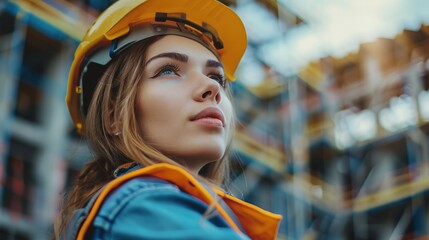 A female engineer in a yellow hard hat and safety vest looking upwards at a construction project, with an expression indicating thoughtful analysis and assessment of ongoing work.
