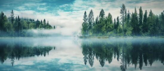 Fototapeta premium Misty Morning Reflections on a Tranquil Lake