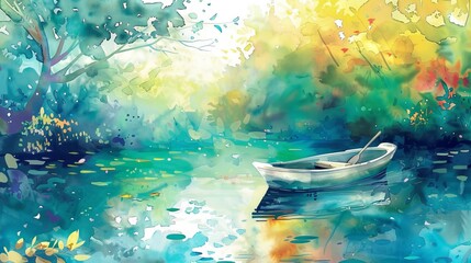 A beautifully colorful illustration showing a small boat on a tranquil body of water surrounded by lush trees with sunlight streaming through, evoking peace and serenity.