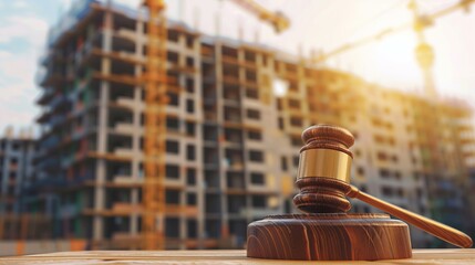 A gavel sits in the foreground with a construction site and cranes in the background, emphasizing legal aspects of real estate and construction laws.