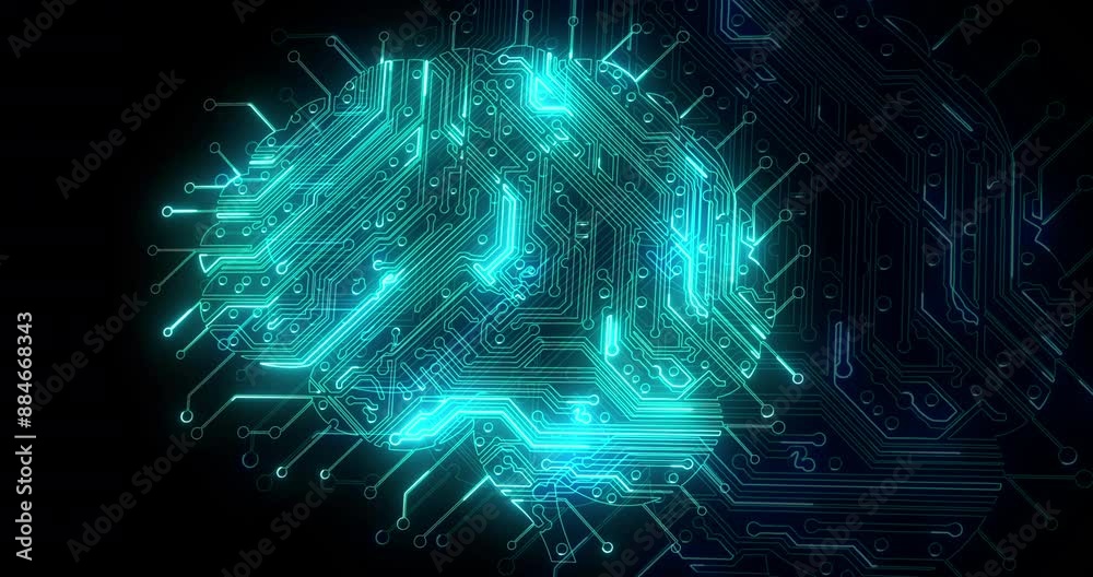 Poster Circuit, digital brain and future technology for ai, artificial intelligence or big data on black background. Neural network, information and neon on machine learning cpu for electric cloud computing