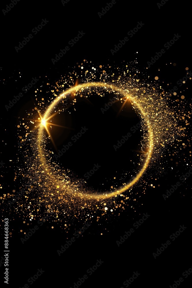 Poster A circular pattern of gold dust against a black background, suitable for use in abstract designs or as a decorative element