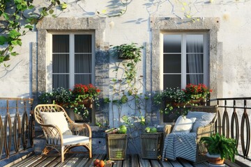 Fototapeta premium Cozy outdoor space with two chairs and a small table, perfect for relaxing or enjoying a meal