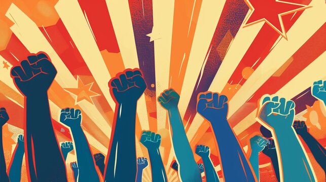 A vibrant representation of unity and resistance with multiple fists raised against a background of radiating lines and stars, symbolizing collective strength and solidarity in action.