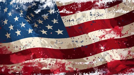 An abstract rendition of the American flag, featuring dynamic splatters and strokes of paint in red, white, and blue, symbolizing modern artistic expression and patriotism.