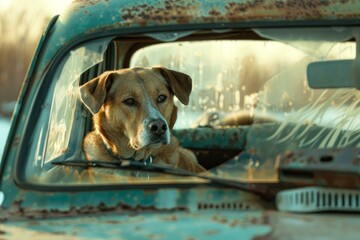 Contemplative dog gazes out the window of an old, rusty vehicle at sunset