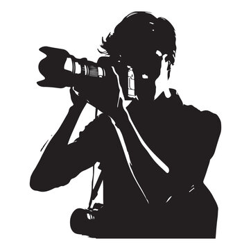 recommend clip art: Photographer man silhouette Photograph and photo camera on street. on white background