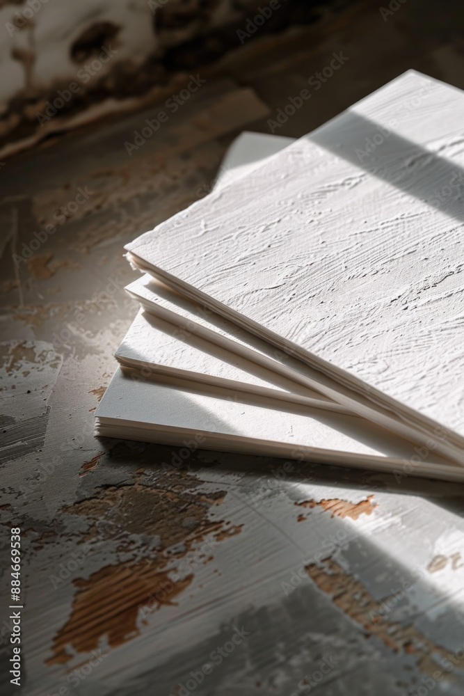 Aufkleber Stack of papers sitting on a table with a flat surface, ideal for office or study setting