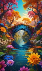 Magical Fantasy Landscape with Flowers and a Stone Arch Bridge.