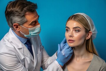 Plastic surgeon consulting with a woman about a facelift procedure in a modern clinic