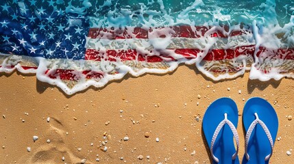 A beach scene where the American flag meets the rolling waves with flip-flops on the sand in a patriotic display celebrating summer by the sea.