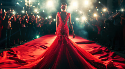 Fototapeta premium A photograph of a celebrity in a red carpet event, glamorous red gown, confidently posing for paparazzi, surrounded by flashing cameras and lights