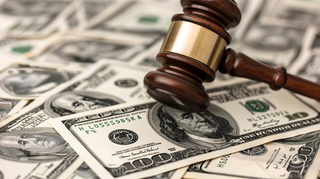 Close-up image of a wooden gavel resting on a pile of dollar bills, representing the legal context of financial matters, judgments, and monetary policies within the legal system.
