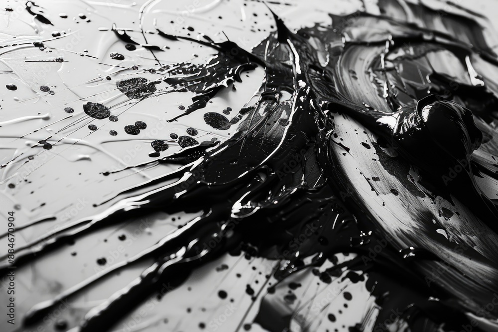 Poster close-up view of a black and white painting, featuring textured brushstrokes and a subtle grayscale 