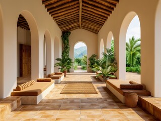 Modern Mediterranean Patio Design Upgraded Space with Contemporary Flair  Arched Entryway, Terracotta Tiles, Lush Greenery, Outdoor Seating, Natural Light, Rustic Wood Beams, Relaxing Atmosphere