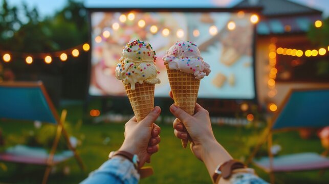 Hand holding a tasty ice cream in an outdoor movie party on lawn in park