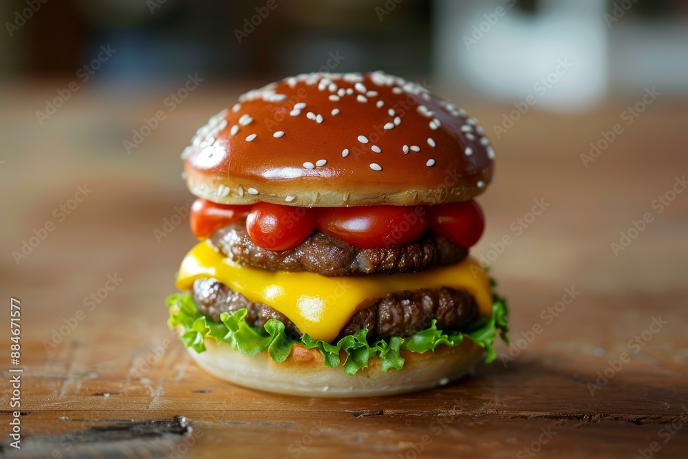 Sticker Closeup of a delicious cheeseburger with fresh toppings on a rustic wooden surface