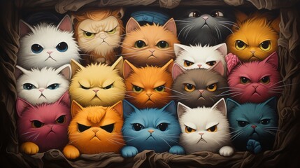 Fototapeta premium Group of colorful angry cats in a wooden box