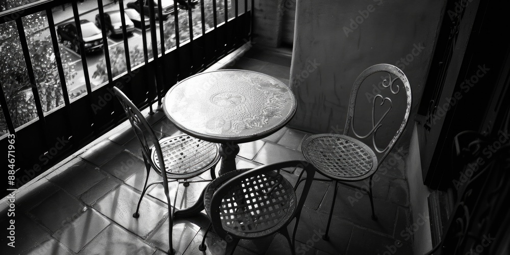 Poster a minimalist interior scene featuring a table and chairs in a stark black and white color scheme