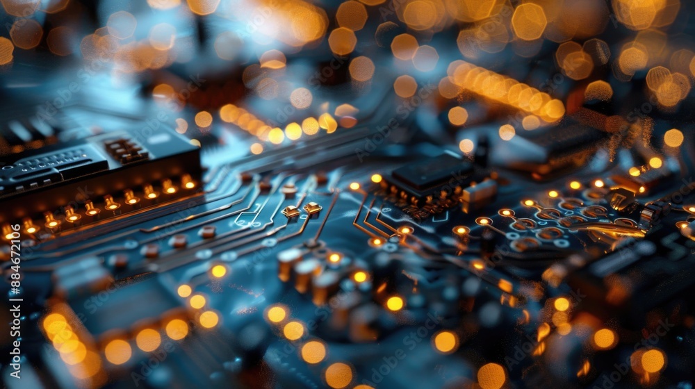 Poster A close-up view of a circuit board with LED lights illuminated in the background