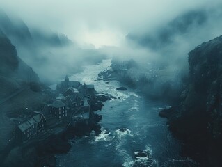 Fototapeta premium Low-hanging fog clouds enveloping a coastal village, creating a mystical atmosphere in 4K.