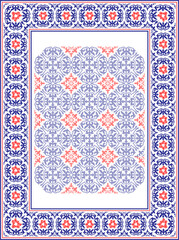 Vertical Islamic Asian ornament frame with large pattern in center. A4 format. Islamic oriental pattern. Template for creating certificate, gift voucher, postcard, diploma, embroidery, sandblasting. V