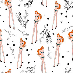 Seamless pattern with a red-haired girl in a swimsuit and flowers, color illustration