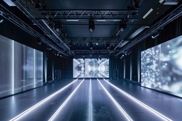 A futuristic empty stage with LED lighting strips on the floor, a digital screen backdrop, and a sleek, modern design. 