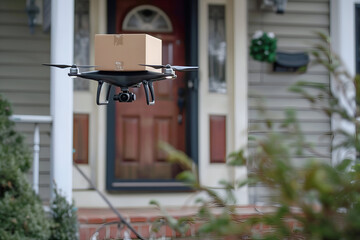 Drone delivers a package to a suburban home, showcasing modern convenience in shipping