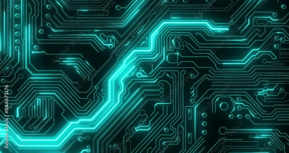 Poster Circuit board, electronics and tech on motherboard for big data or communication on computer system. Network, digital or machine learning on cyber hardware for storage, info or cloud computing