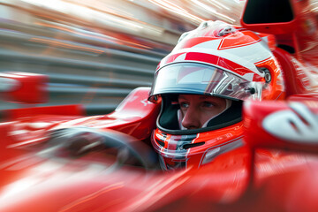Talented formula one driver races around the track in a bold red car, capturing the excitement and risk of high-speed competition