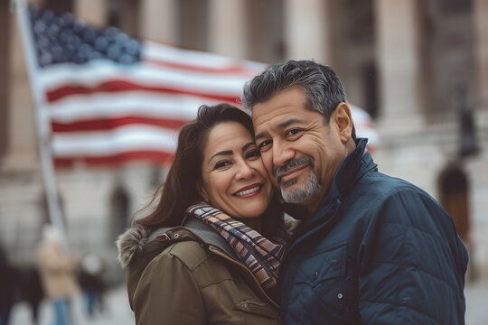 Affectionate mature couple embraces outdoors in the city with a blurred american flag waving in the background