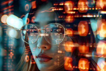 Software developer with glasses working late, analyzing code reflected in her eyewear