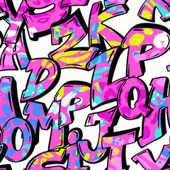 Obraz premium Abstract seamless chaotic pattern with retro graffiti, words. Grunge texture background. Fashion cool teen style Wallpaperure background. Fashion cool teen style Wallpaper