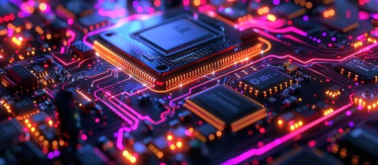 Obraz premium Neon Glow of Circuitry and a Central Processing Unit