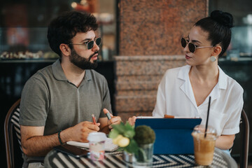 Business partners engaged in discussion over a new project, planning, and analyzing statistics while sitting in a contemporary coffee shop