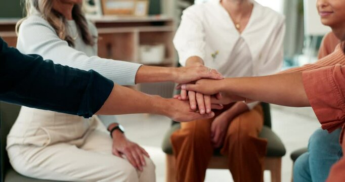 Therapy, support circle and hands of people for counseling, community and solidarity. Mental health, psychology and group of men and women together for meeting, wellness and rehabilitation session